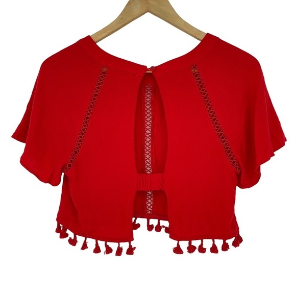 Forever 21 red open back cropped top with tassels, M - Picture 2 of 6